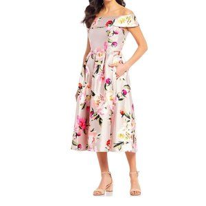 Eliza J Dress 8 Midi Off the Shoulder Mikado Floral Cocktail Party Cap Sleeve